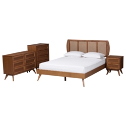 Baxton Studio Asami Mid-Century Modern Walnut Brown Finished Wood and Woven Rattan Queen Size 4-Piece Bedroom Set